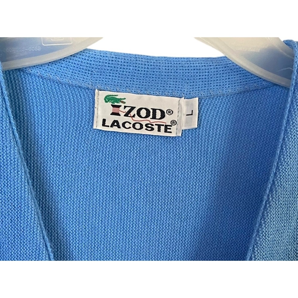 Izod Lacoste Mens Vintage Cardigan Sweater Blue Acrylic Large L Crocodile logo - Picture 3 of 7